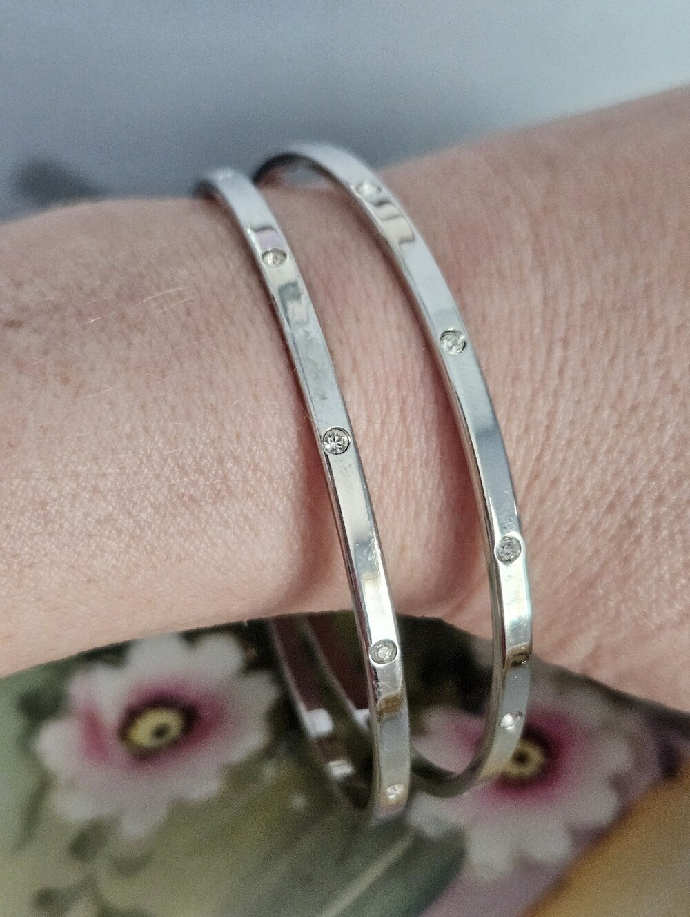 2 Silver Swarovsk Crystal Accent Women's Bangle Bracelet - Elegant Stackable Set